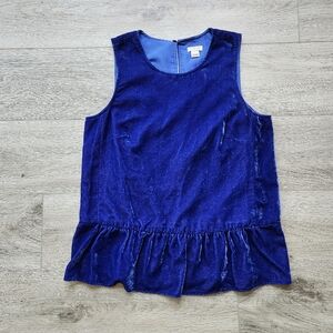 J. Crew Royal Blue Velvet Peplum Shirt Top Womens Size 2 Sleeveless Ruffles